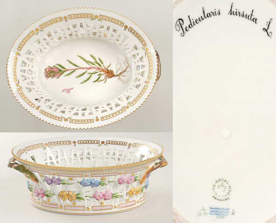Flora Danica (1961 To Current) 9" Oval Fruit Basket-Pedicularis hirsuta L by Royal Copenhagen