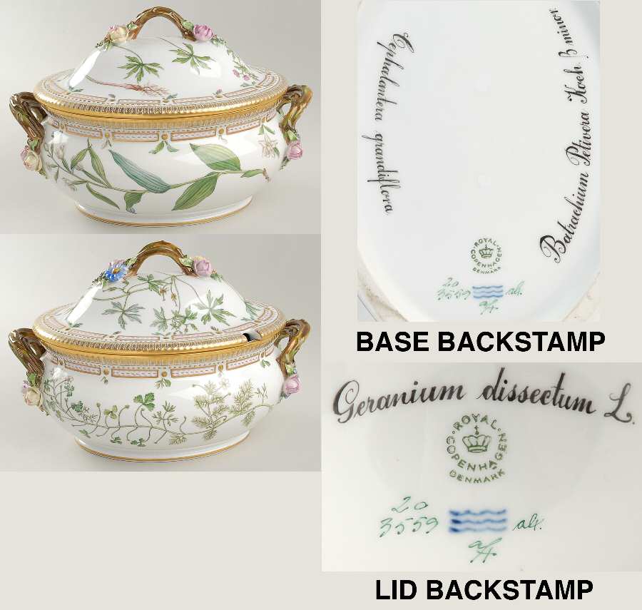 Flora Danica (1961 To Current) 4 Qt Oval Tureen & Lid-Cepha Gra, Batr P, Geranium