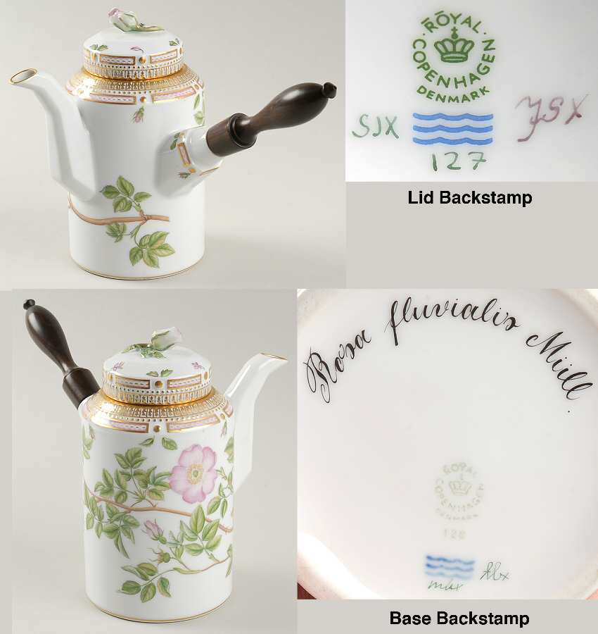 Flora Danica (1961 To Current) Ebony Handle Coffee Pot & Lid-Rosa fluvialis Mull