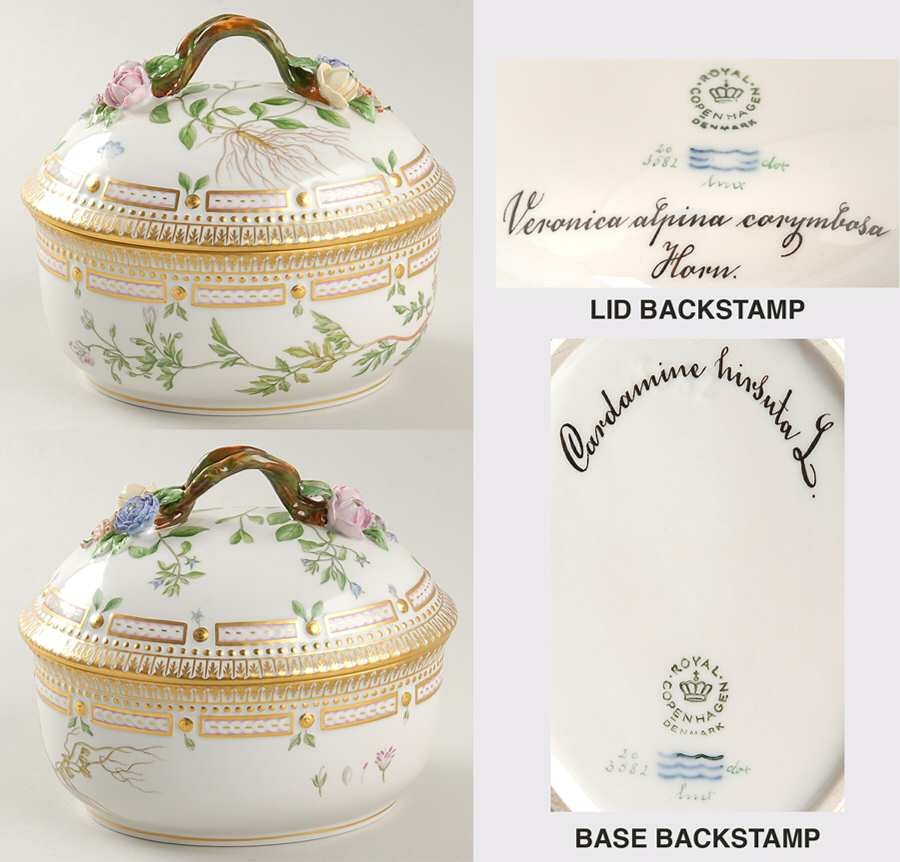 Flora Danica (1961 To Current) Large Sugar Bowl & Lid-Veronica alpina & Cardamine