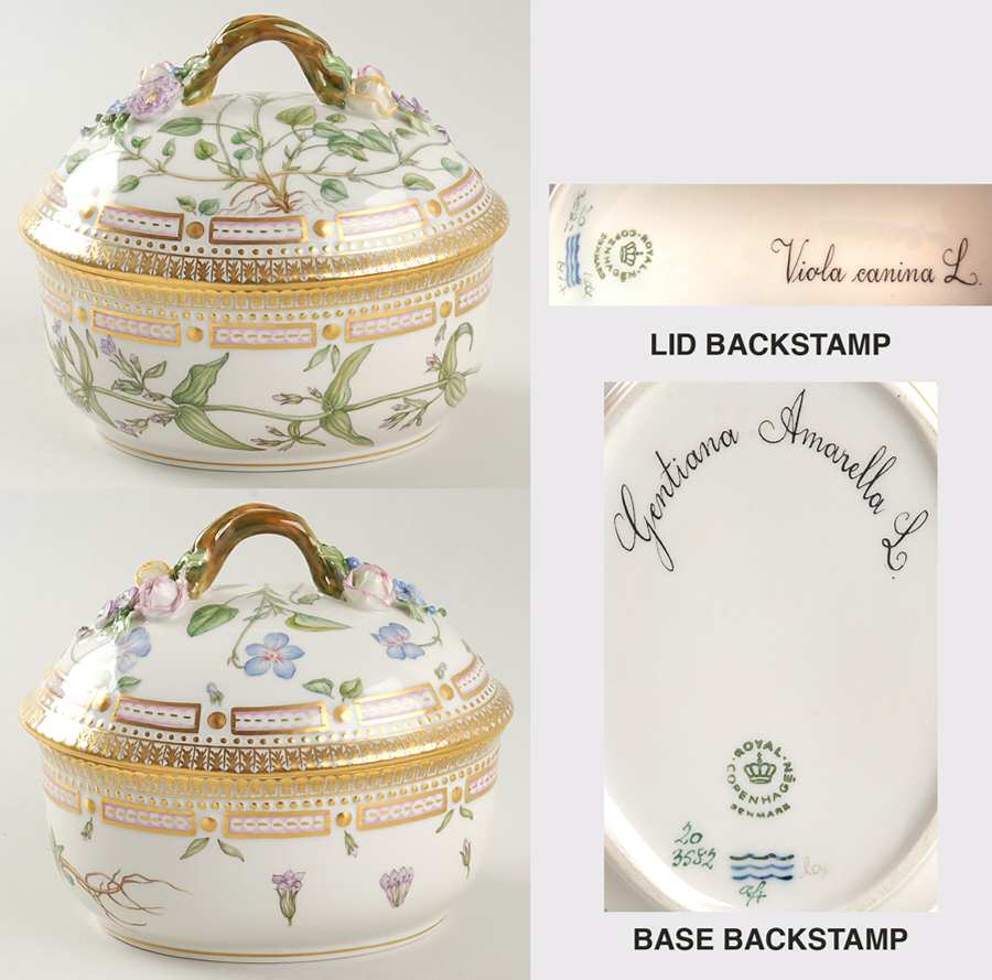 Flora Danica (1961 To Current) Large Sugar Bowl & Lid-Viola cani & Gentiana amare