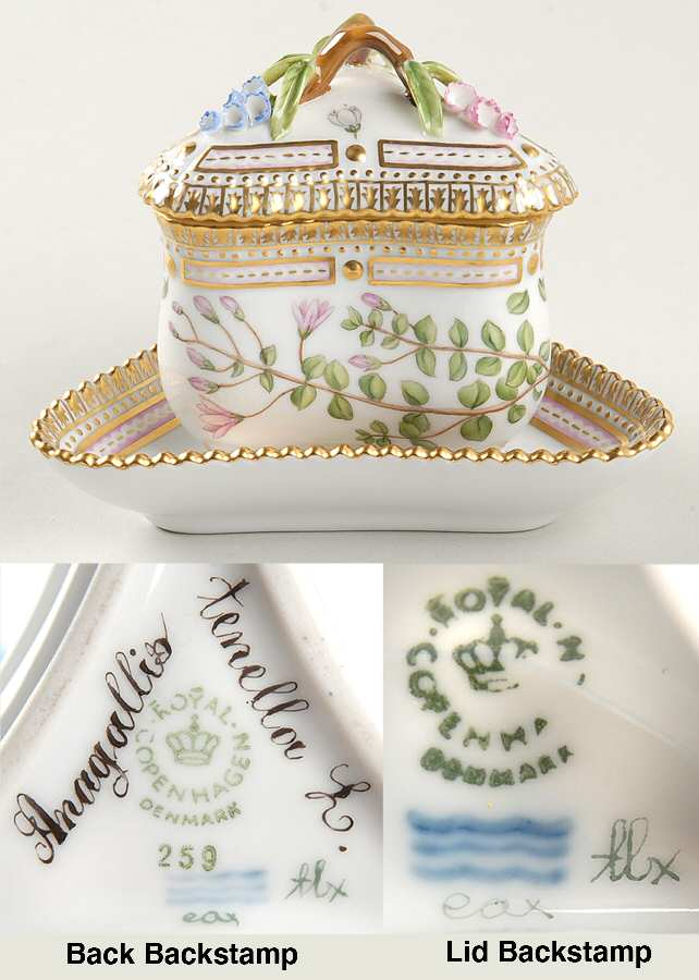 Flora Danica (1961 To Current) Triangular Custard Cup, Saucer & Lid-Anagallis Ten