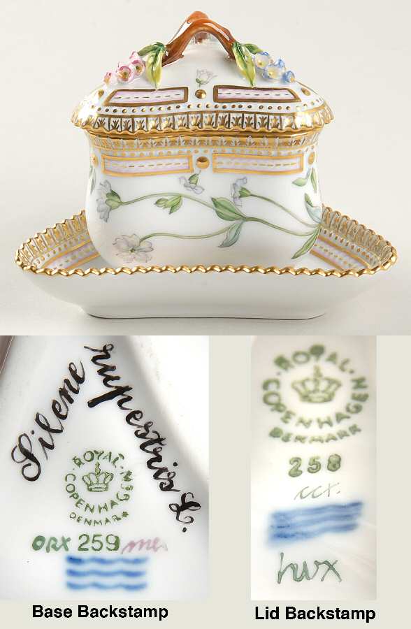 Flora Danica (1961 To Current) Triangular Custard Cup, Saucer & Lid-Silene rupest