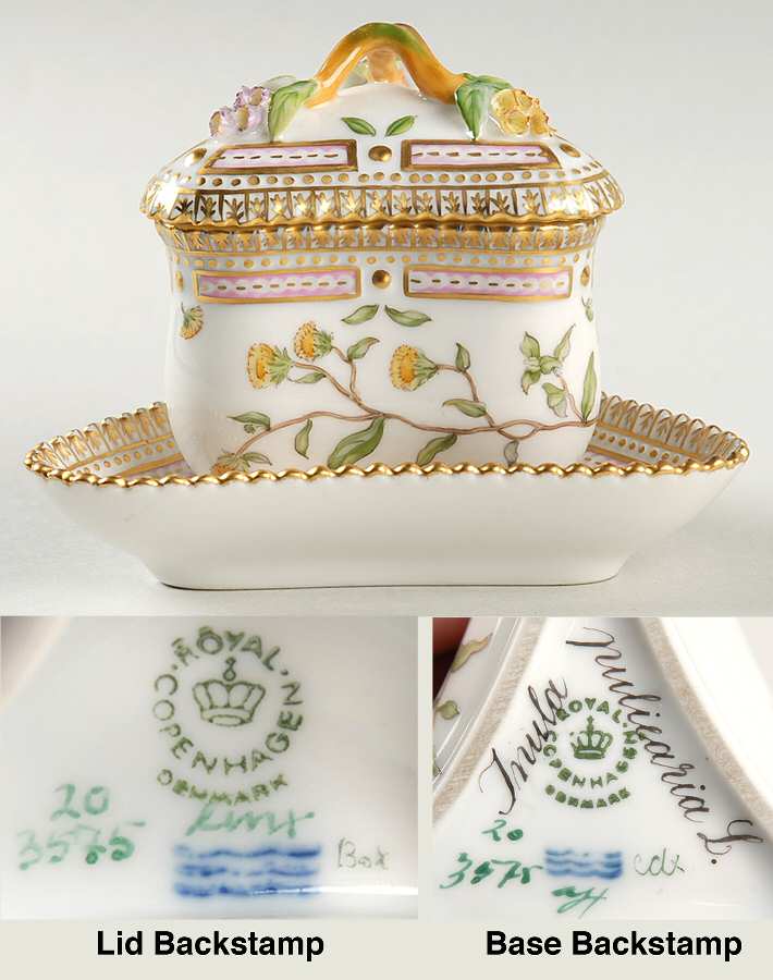 Flora Danica (1961 To Current) Triangular Custard Cup, Saucer & Lid-Inula pulicar