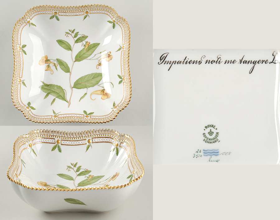 Flora Danica (1961 To Current) 8" Square Salad Serving Bowl-Impatiens noli me tan