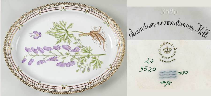 Flora Danica (1961 To Current) 18" Oval Serving Platter-Aconitum neomontanum Koll