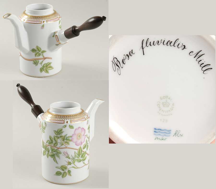 Flora Danica (1961 To Current) Ebony Handle Coffee Pot-No Lid-Rosa fluvialis Mull