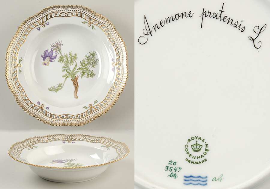 Flora Danica (1961 To Current) Pierced Large Rim Soup Bowl-Anemone pratensis L.