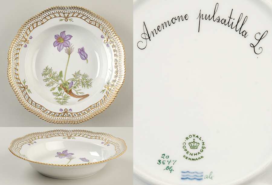 Flora Danica (1961 To Current) Pierced Large Rim Soup Bowl-Anemone pulsatilla L.