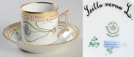 Flora Danica (1961 To Current) Chocolate Cup & Serrated Saucer-Scilla verna L.