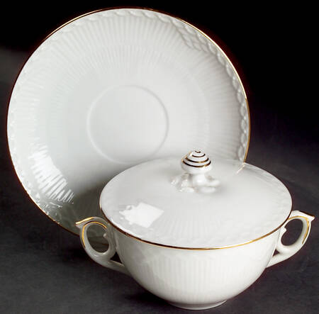 Gold Fan Cream Soup Bowl & Saucer Set with Lid