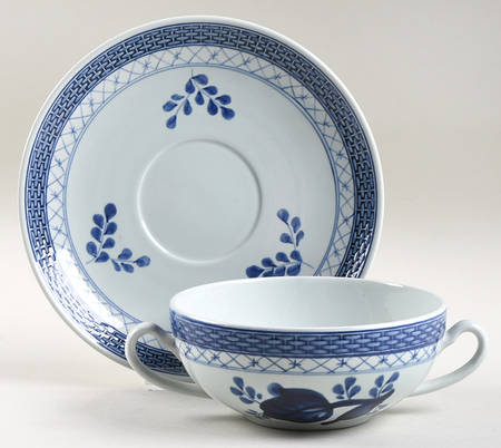 Tranquebar Blue (Rim, Wide Lattice Band) Flat Cream Soup Bowl & Saucer Set