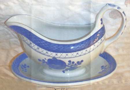 Tranquebar Blue (Rim, Wide Lattice Band) Gravy Boat & Underplate