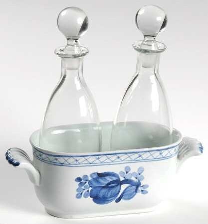 Tranquebar Blue (Rim, Wide Lattice Band) 2 Glass Cruets with Stopper in Porcelain Holder
