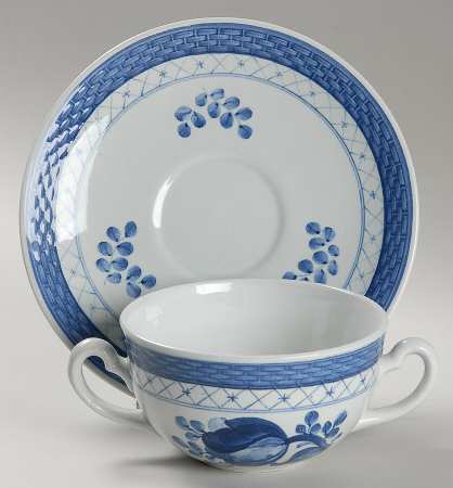 Tranquebar Blue (Rim, Wide Lattice Band) Flat Bouillon Cup & Saucer