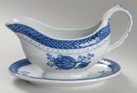 Tranquebar Blue (Rim, Wide Lattice Band) Gravy Boat with Attached Underplate