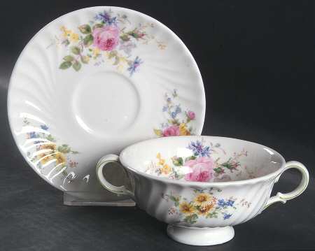 Arcadia (New, Smooth, Brown Green Backstamp) Footed Cream Soup Bowl & Saucer Set by Royal Doulton