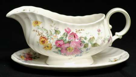 Arcadia (New, Smooth, Brown Green Backstamp) Gravy Boat & Underplate