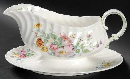 Arcadia (New, Smooth, Brown Green Backstamp) Gravy Boat with Attached Underplate