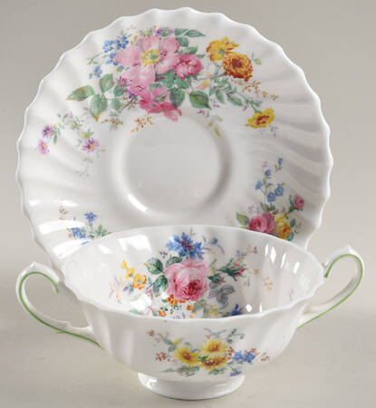 Arcadia (Older, Green Backstamp) Footed Cream Soup Bowl & Saucer Set