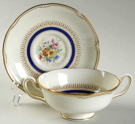 Ascot Blue (Floral Center) Footed Cream Soup Bowl & Saucer Set