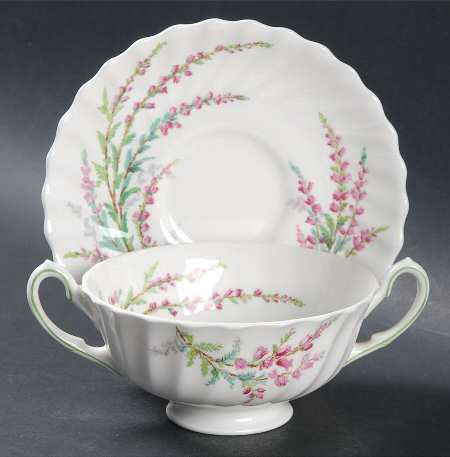 Bell Heather (Scalloped, No Trim) Footed Cream Soup Bowl & Saucer Set