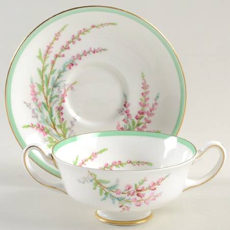Bell Heather (Green Band, Gold Trim) Footed Cream Soup Bowl & Saucer Set