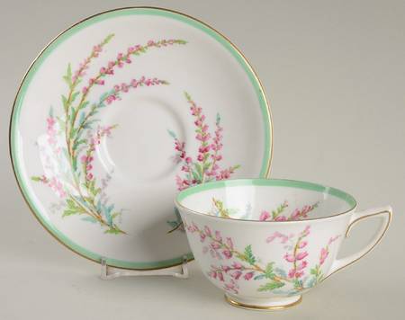 Bell Heather (Green Band, Gold Trim) Footed Cup & Saucer Set