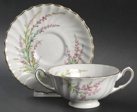 Bell Heather (Scalloped, Gold Trim) Footed Cream Soup Bowl & Saucer Set