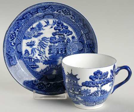 Blue Willow (Flow Blue) Flat Cup & Saucer Set