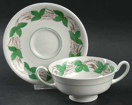 Castleford Green (Green Ivy) Footed Cream Soup Bowl & Saucer Set