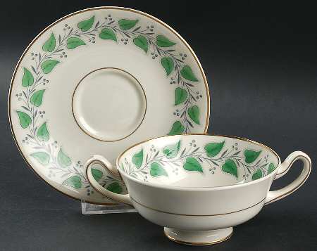 Coventry Green (Green Leaves) Footed Cream Soup Bowl & Saucer Set