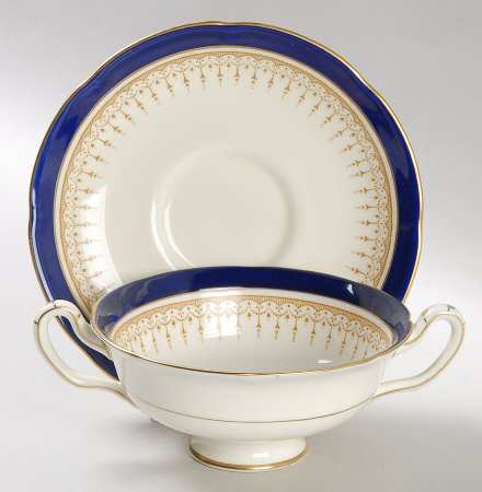 Duke of York Blue (No Rose Center) Footed Cream Soup Bowl & Saucer Set