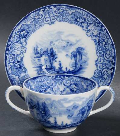 Geneva (Flow Blue) Flat Bouillon Cup & Saucer