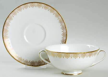 Gold Lace Footed Cream Soup Bowl & Cup Saucer Set
