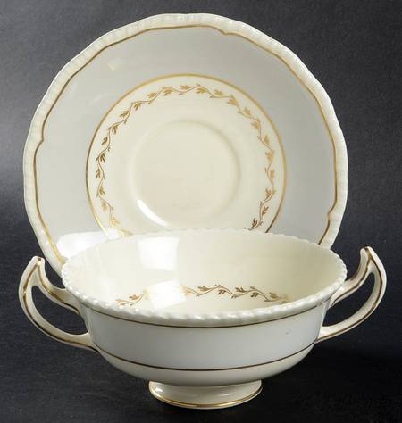 Gray Rim Footed Cream Soup Bowl & Saucer Set