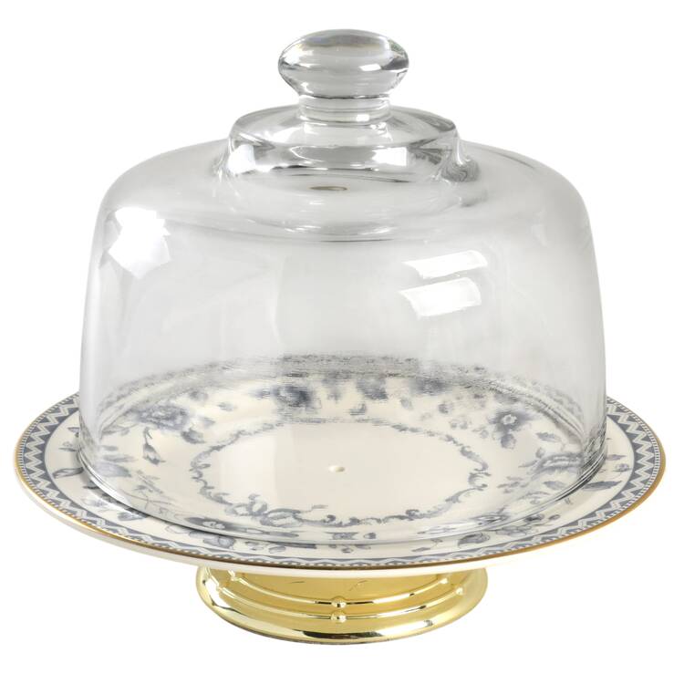 Josephine (Smooth, Gold Trim) 6 1/2"-7 1/2" Footed Cheese Plate w/ Glass Dome HC
