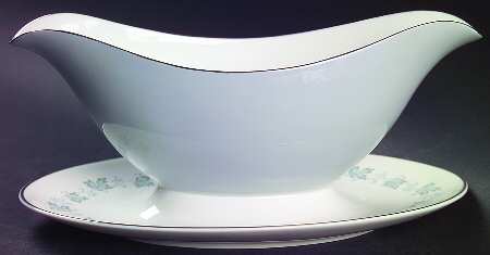 Lyric (H4948, Blue Leaves on Rim) Gravy Boat with Attached Underplate