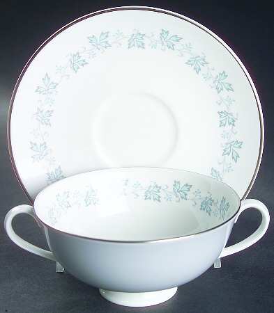 Lyric (H4948, Blue Leaves on Rim) Footed Cream Soup Bowl & Saucer Set