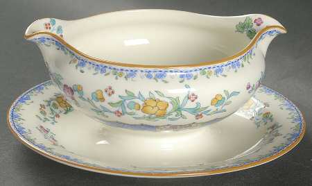 Morella Blue (H2878, Dark Cream Background) Gravy Boat with Attached Underplate