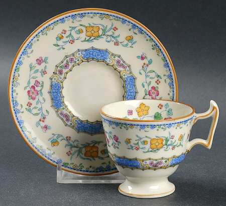 Morella Blue (H2878, Dark Cream Background) Footed Demitasse Cup & Saucer Set