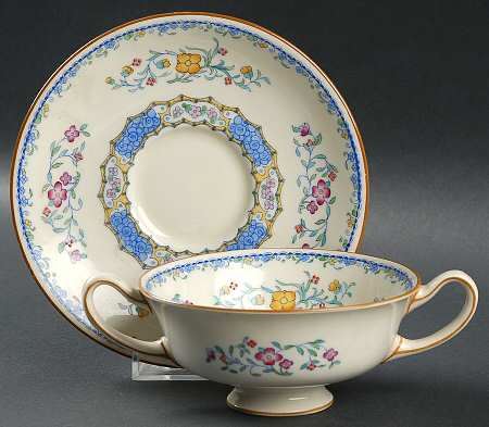 Morella Blue (H2878, Dark Cream Background) Footed Cream Soup Bowl & Saucer Set