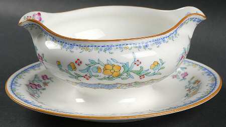 Morella Blue (H2474, Light Cream Background) Gravy Boat with Attached Underplate