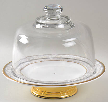 Naples (Gold Trim) 6 1/2"-7 1/2" Footed Cheese Plate w/ Glass Dome HC