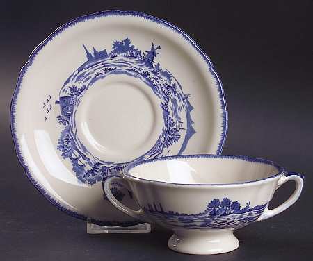 Norfolk Blue (D6294, Scalloped) Footed Cream Soup Bowl & Saucer Set