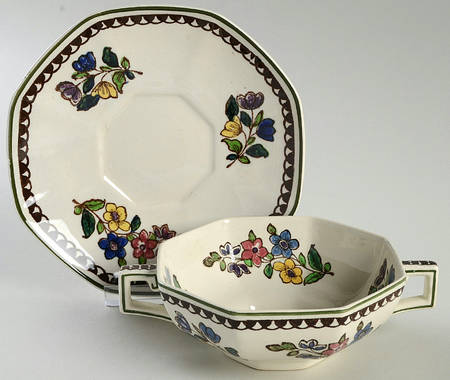 Old Leeds Spray Flat Cream Soup Bowl & Saucer Set