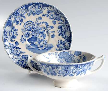 Pomeroy Blue and White (D6323) Footed Cream Soup Bowl & Saucer Set