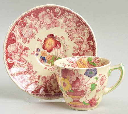 Pomeroy Red Multicolor (Center Design) Flat Demitasse Cup & Saucer Set