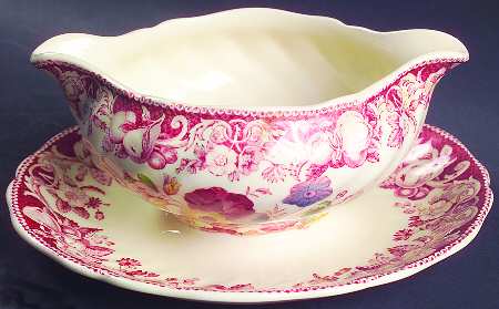Pomeroy Red Multicolor (Center Design) Gravy Boat with Attached Underplate