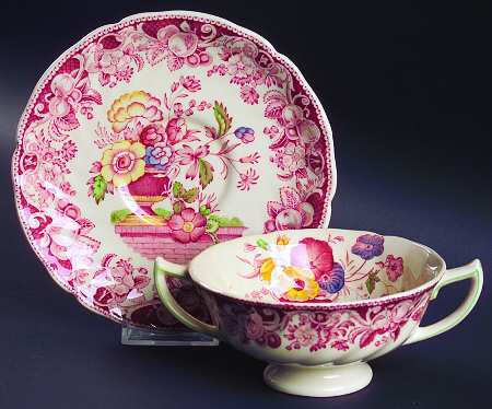 Pomeroy Red Multicolor (Center Design) Footed Cream Soup Bowl & Saucer Set